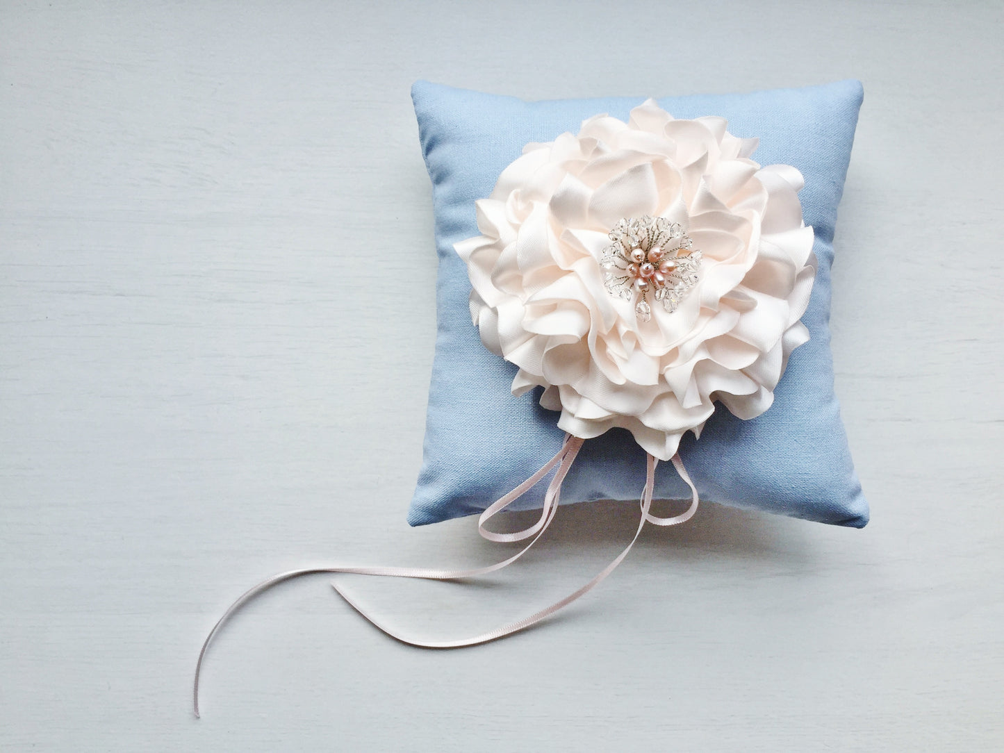 Signature Peony Ring Pillow in Vintage Sky Blue and Power Pink Peony