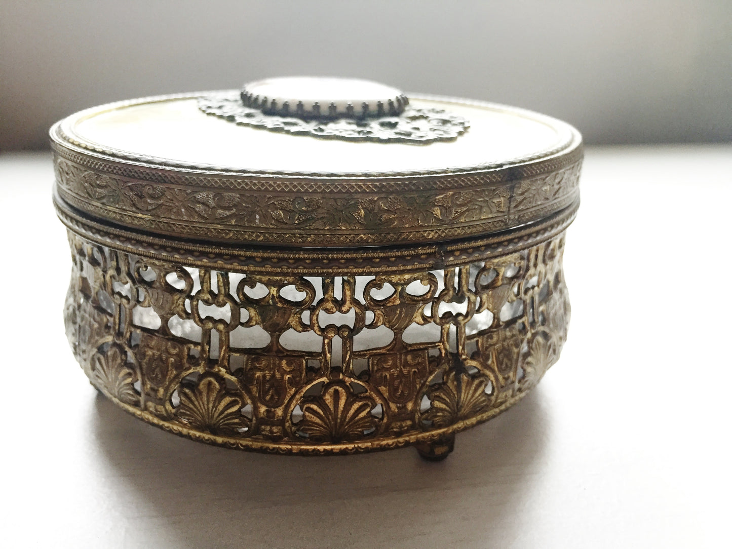 Circa 1940s Vintage Ormolu Trinket Box with Glass Bowl