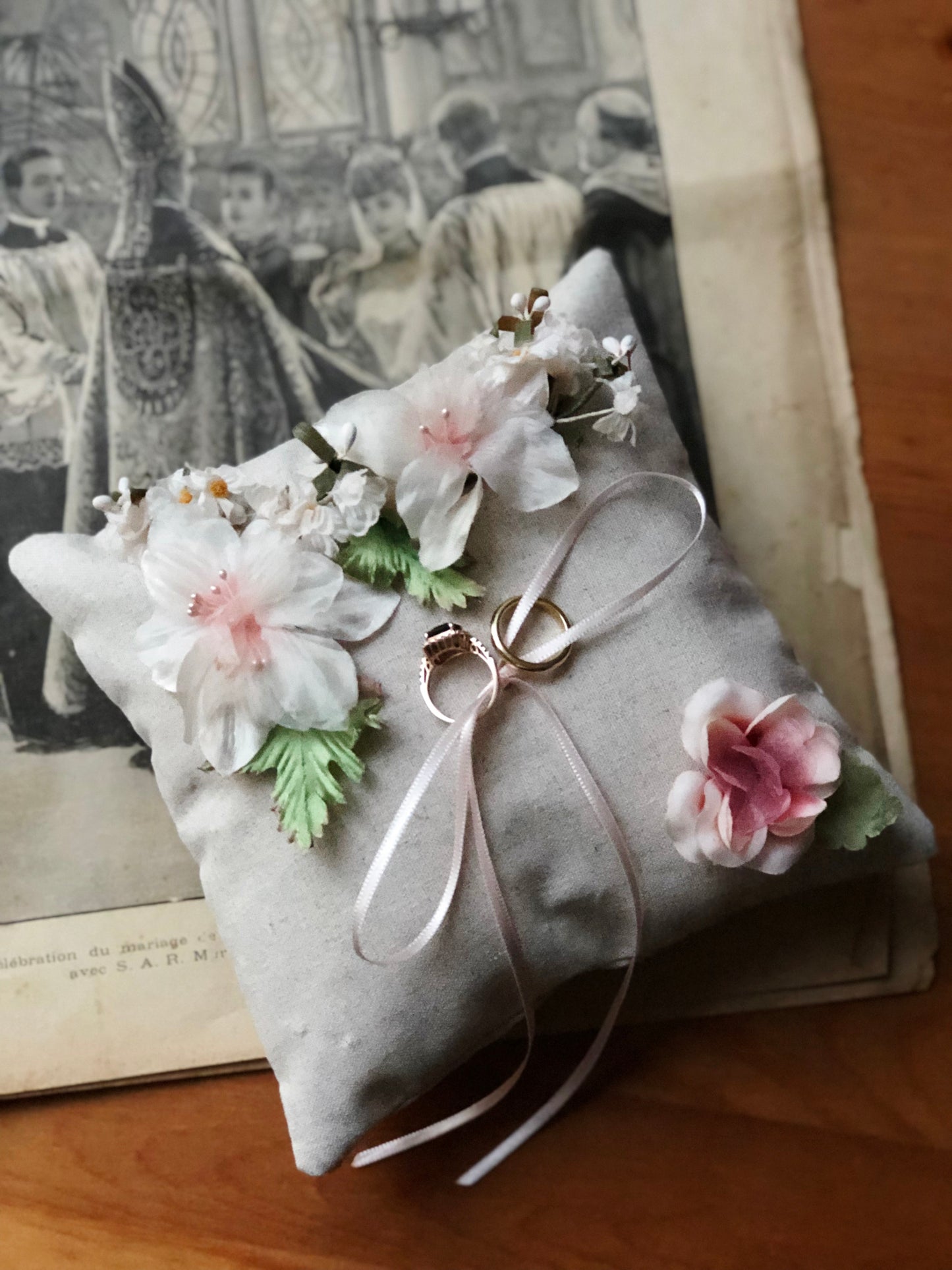 Something old something pink vintage silk floral ring pillow