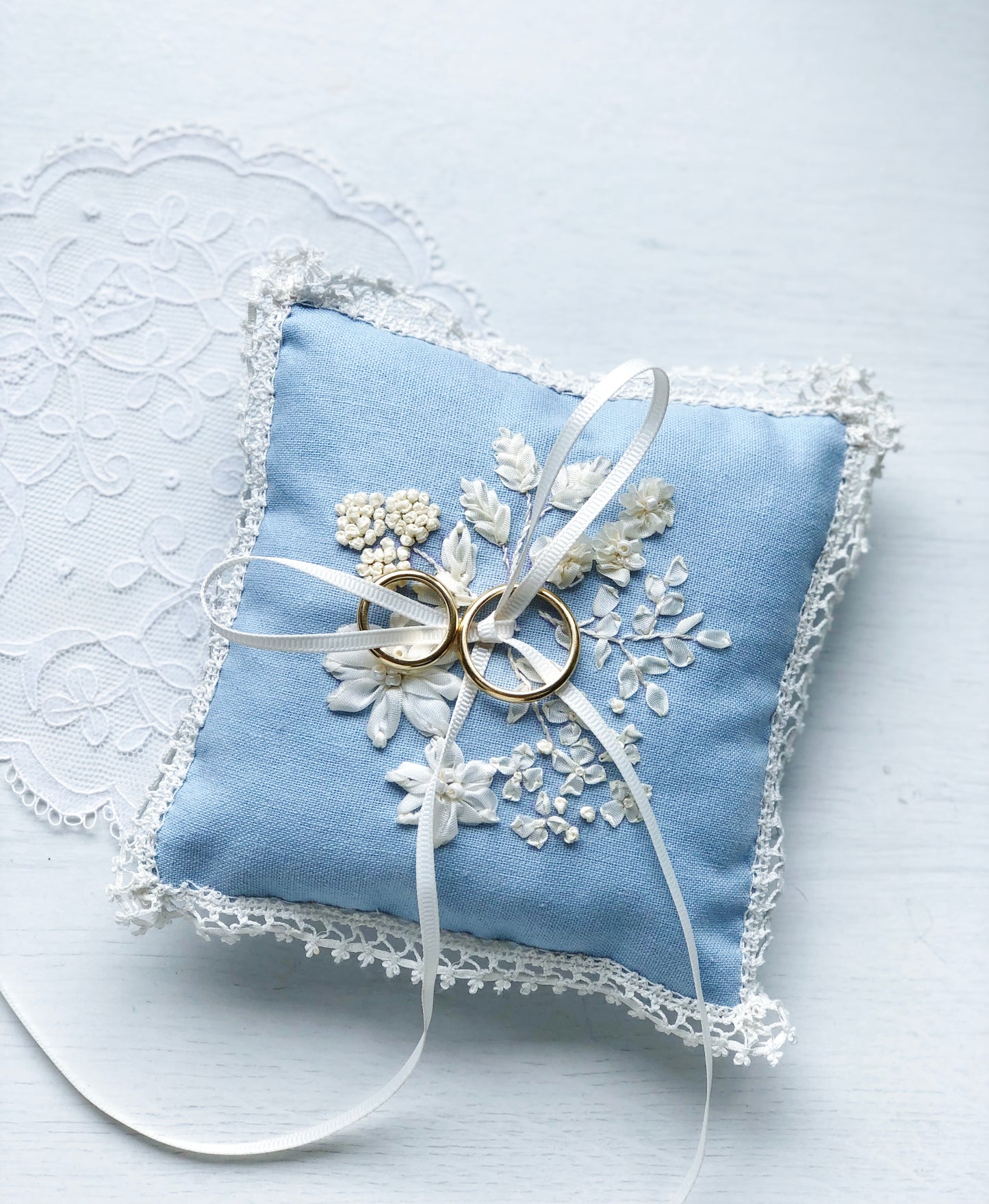 Edwardian embroidered floral ring pillow in porcelain blue