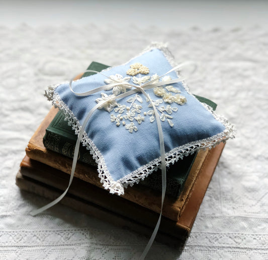 Edwardian embroidered floral ring pillow in porcelain blue