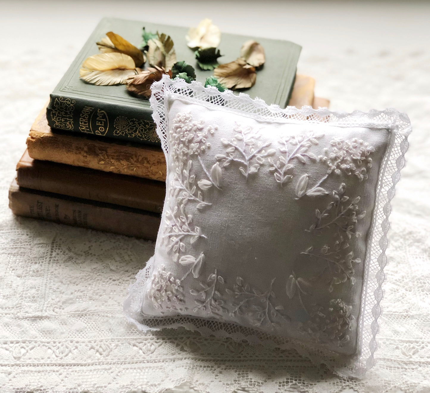Edwardian inspired hand embroidered small pillow/ring pillow