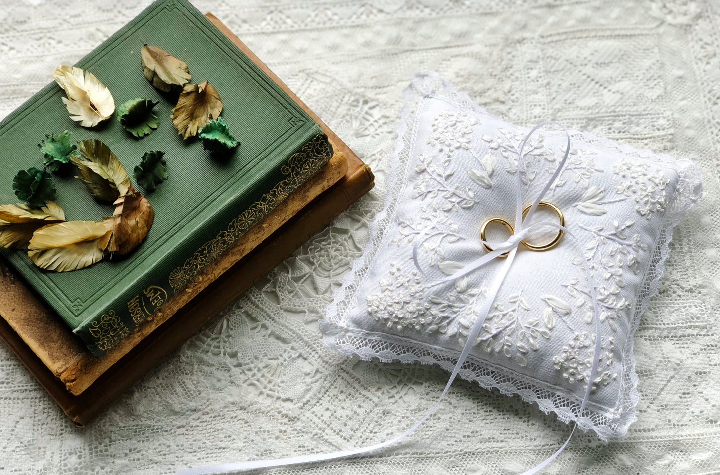 Edwardian inspired hand embroidered small pillow/ring pillow