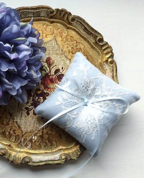 Shabby Chic Dainty Lace Ring Pillow in Vintage Blue