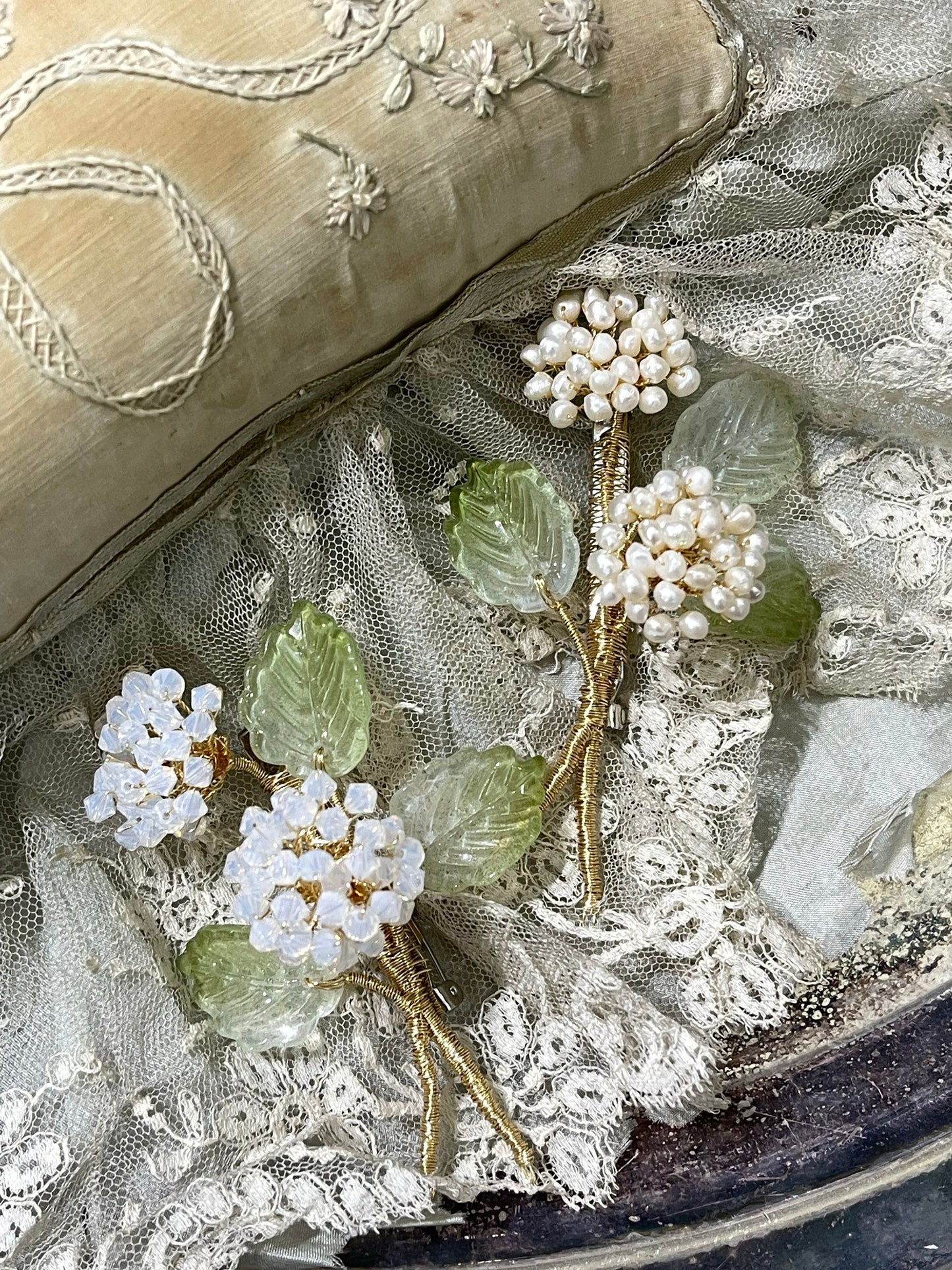 Spring hydrangea brooch in  white opal crystals