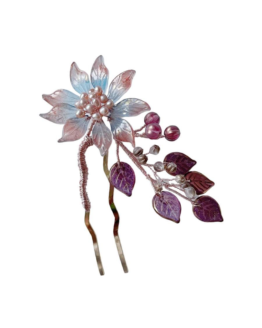 Brown dahlia luxe hairpin in glass and freshwater pearls