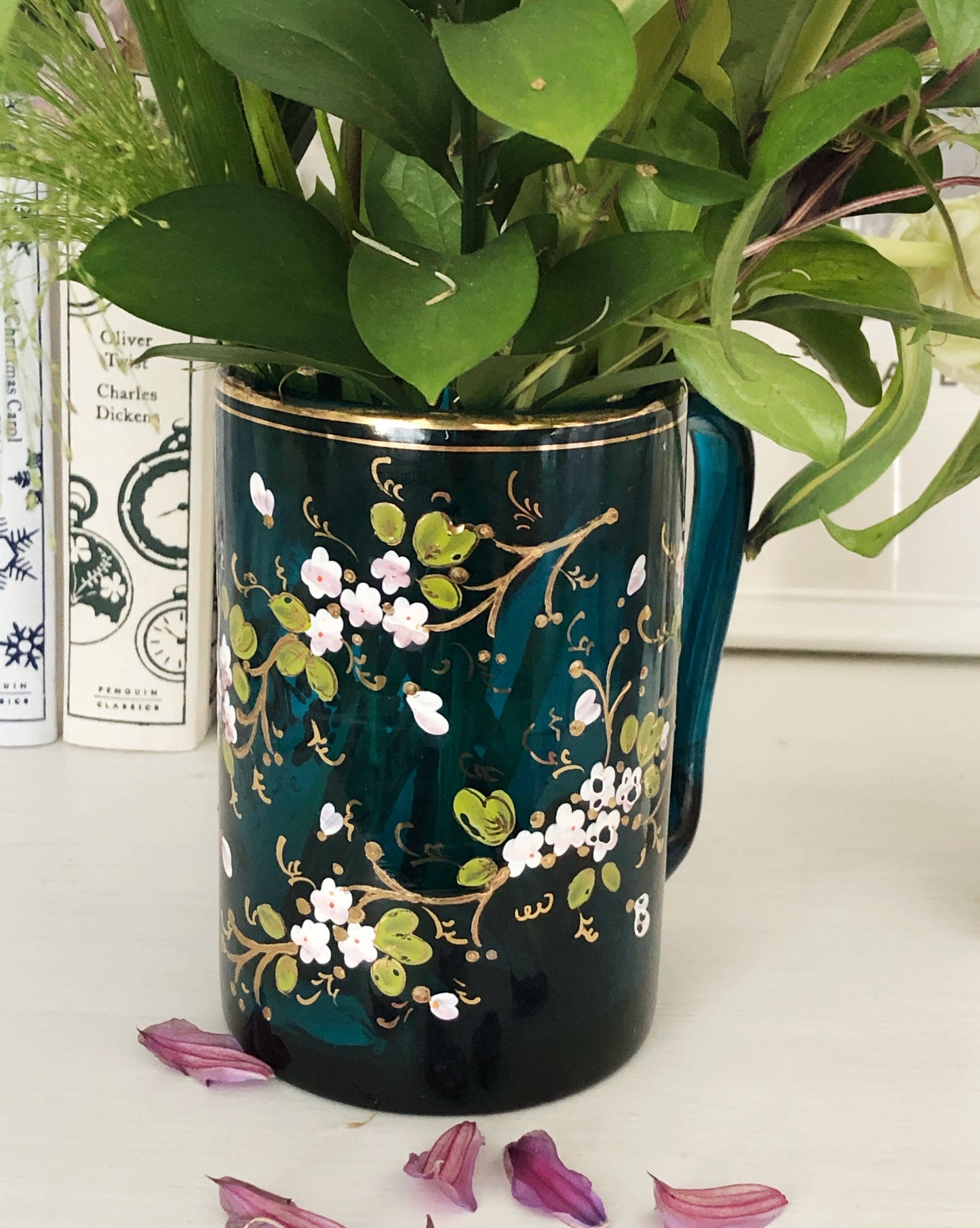 Victorian hand painted floral glass mug