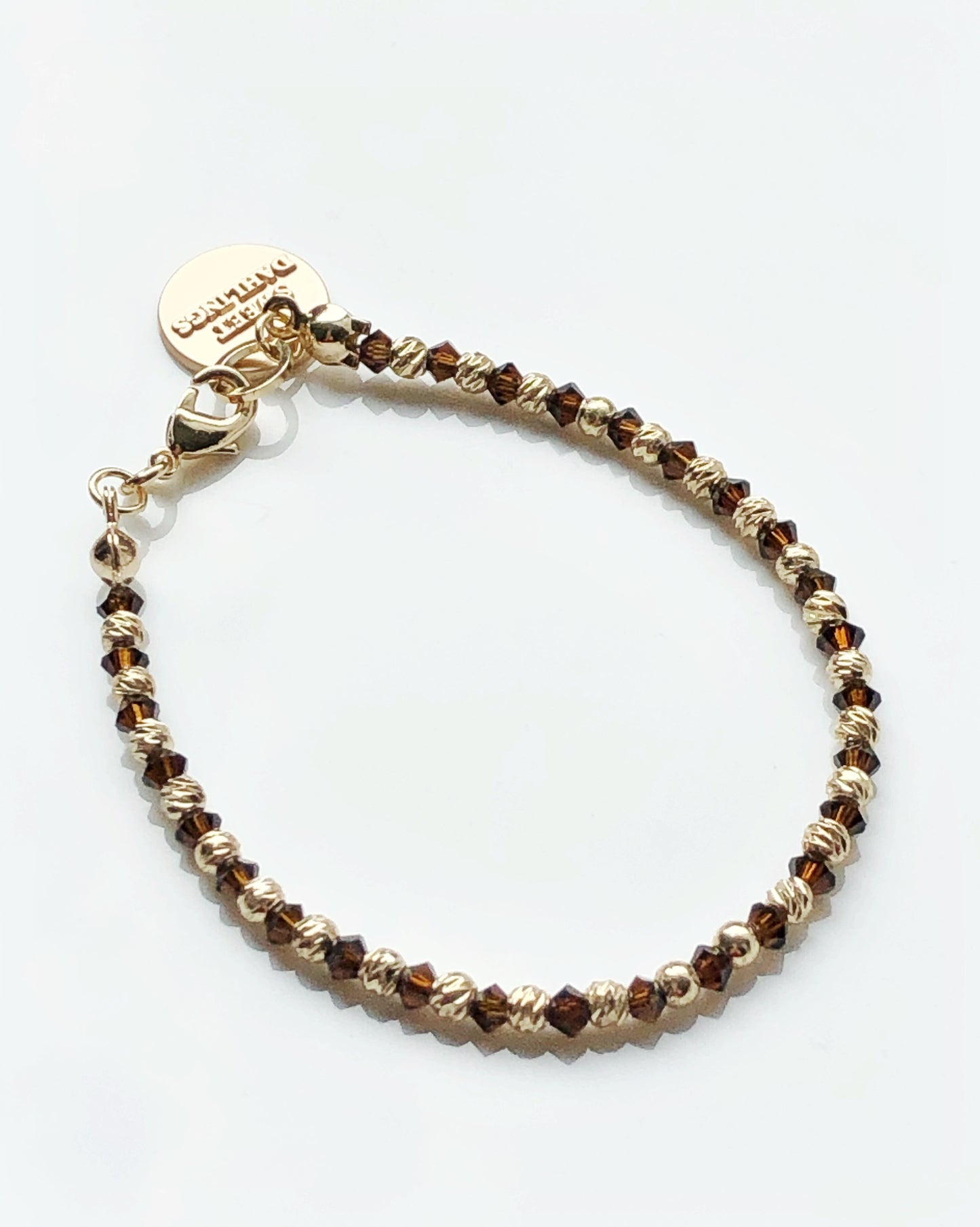 Swarovski crystals 14K gold plated beads bracelet in mocca and gold