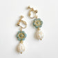 Golden blue Victorian flowers and tear drop glass earrings
