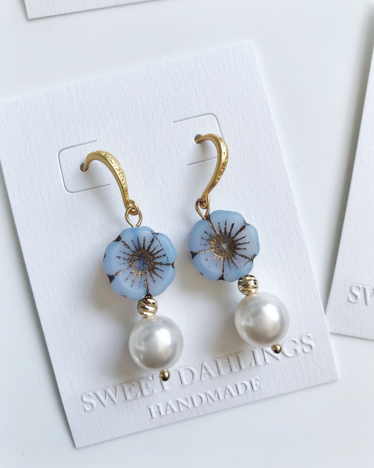 Something blue, something gold earrings with Swarovski crystal pearls