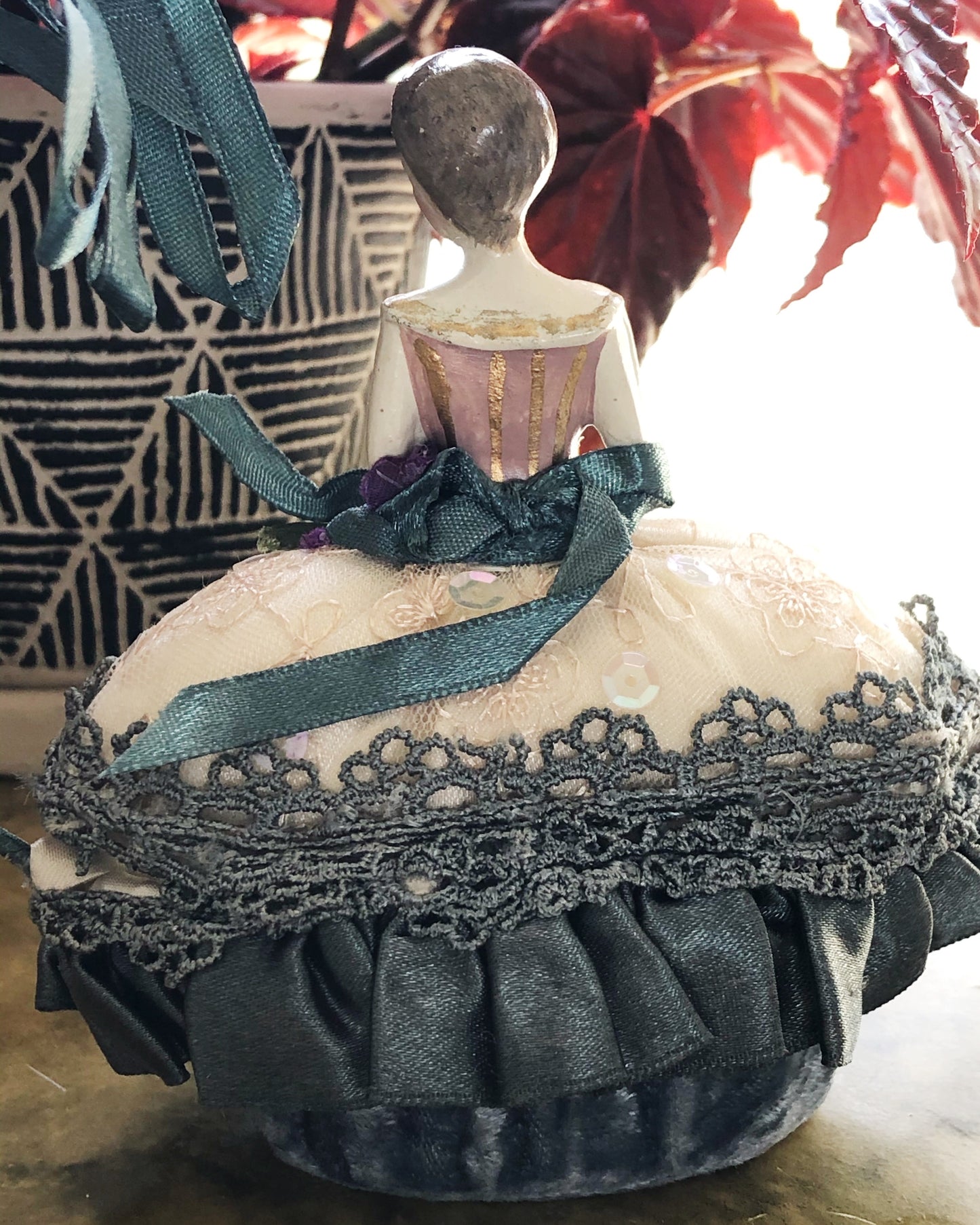 Rare vintage French aristocratic lady pin cushion/trinket box