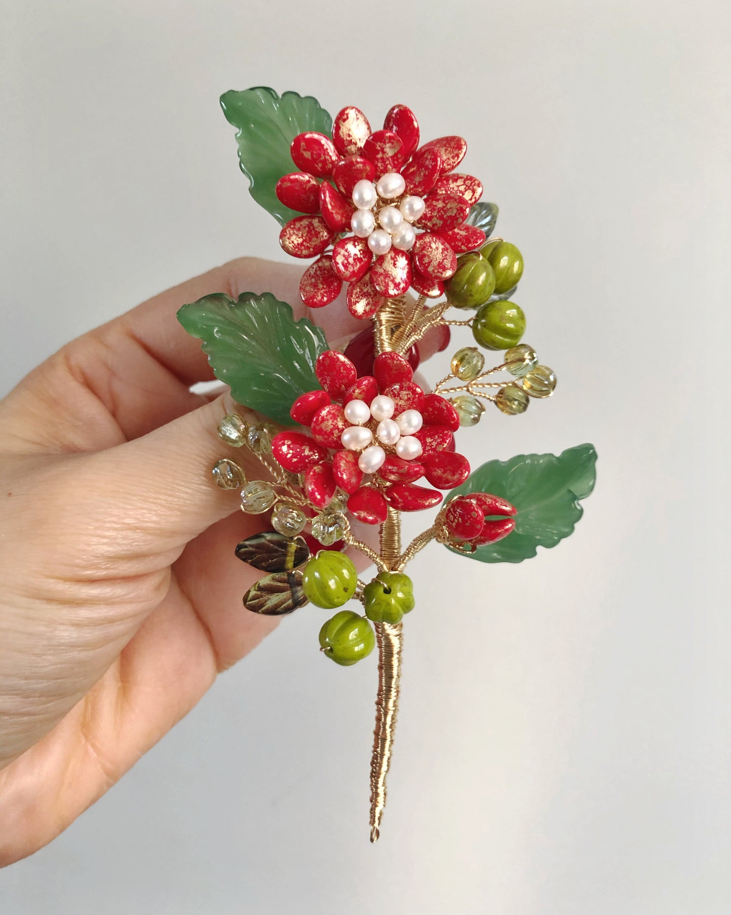 《February Palette I》Victoria’s chrysanthemum floral bouquet brooch in Chinese red