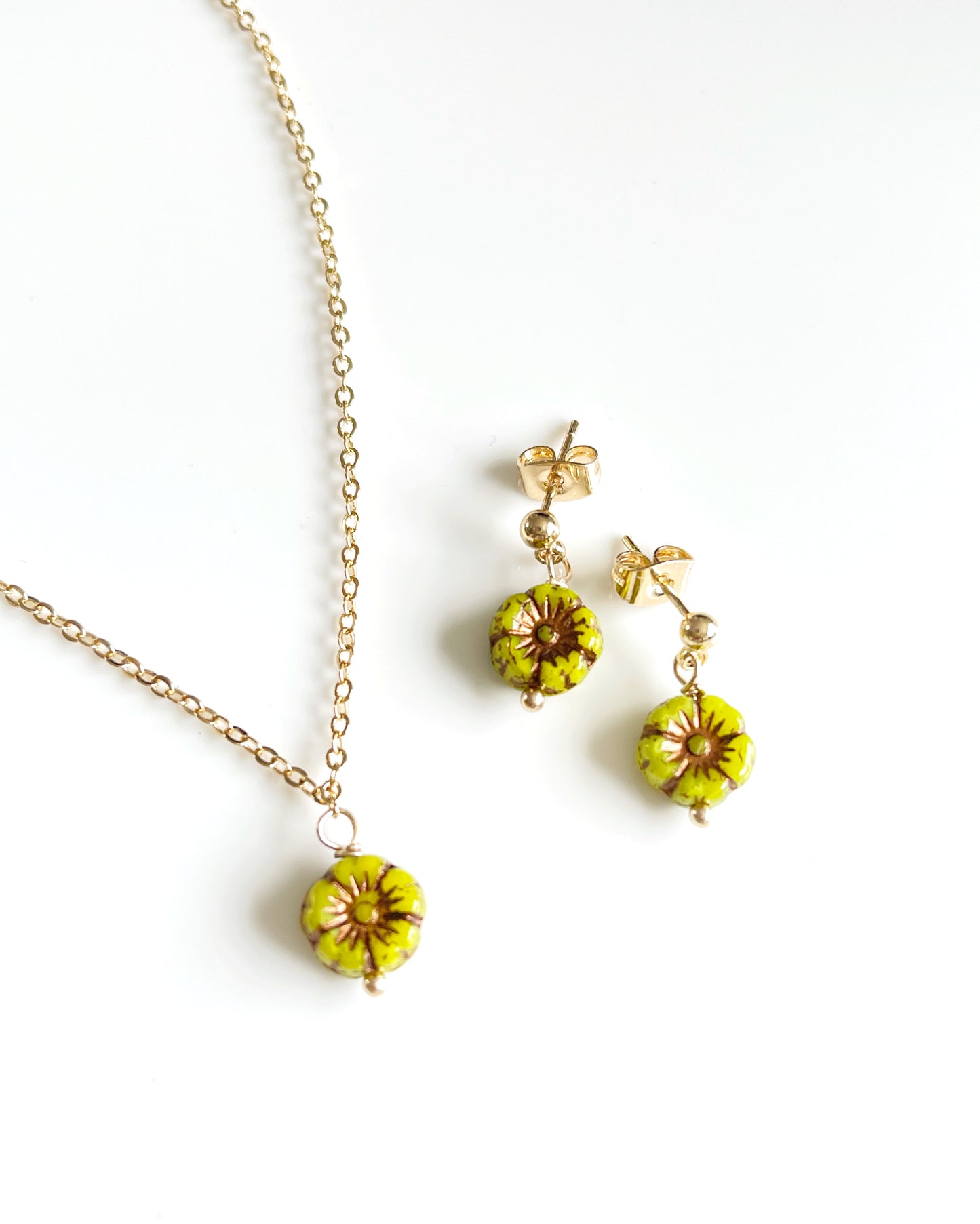 Mini sakura necklace and earrings set in avocado