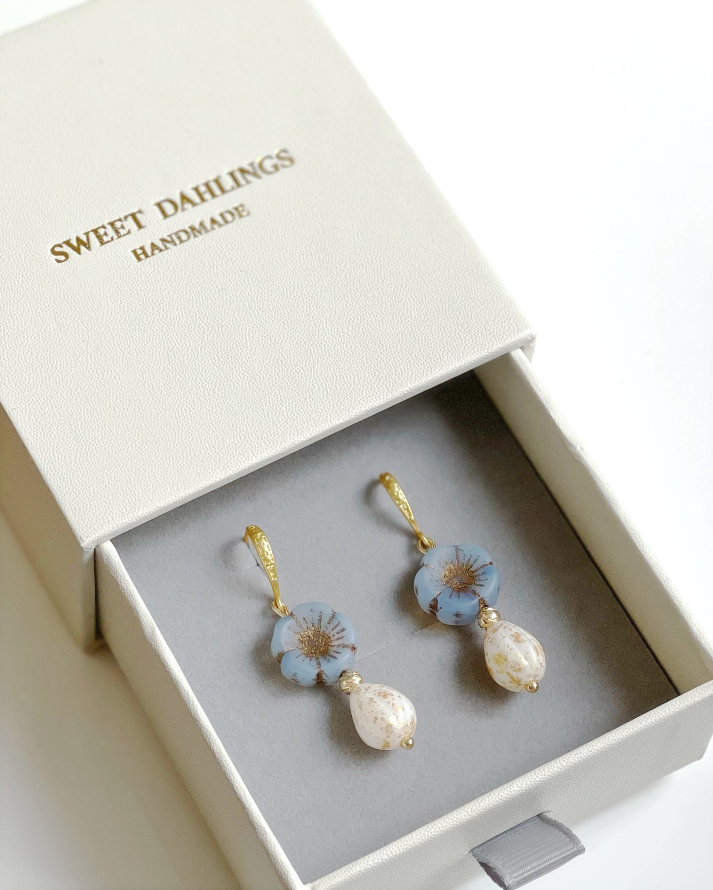 Something gold something blue blue Victorian flowers and tear drop glass earrings