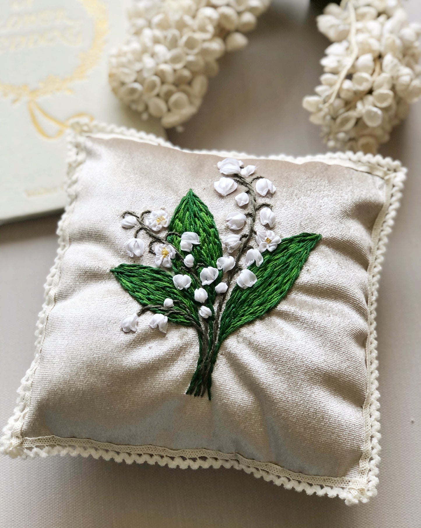 Lily of the valley hand embroidered ring pillow