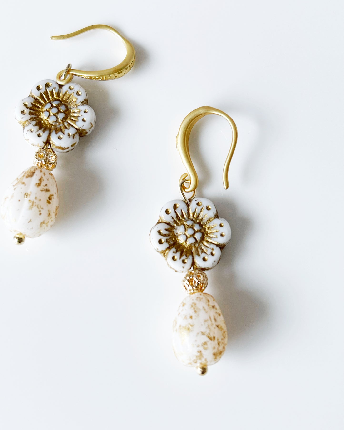 My first wedding heirloom Victorian flowers and tear drop glass earrings in antique white