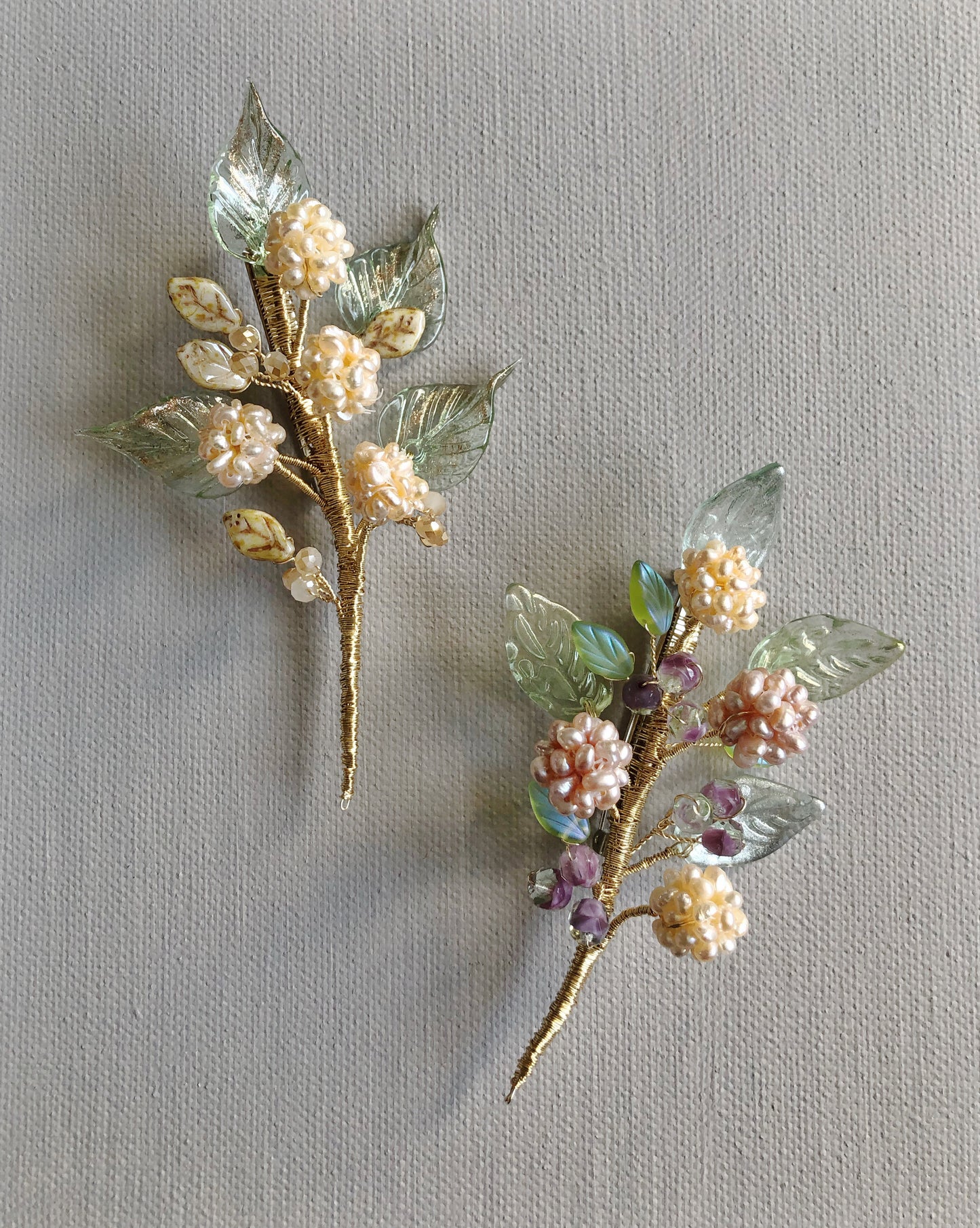 Pearl berries foliage brooch in peach