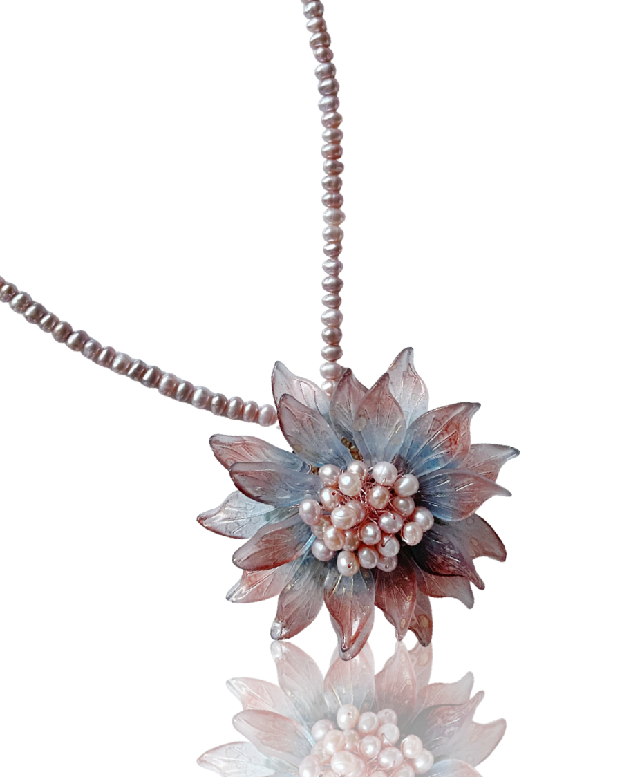 Big brown dahlia brooch/pendant in glass and freshwater pearls