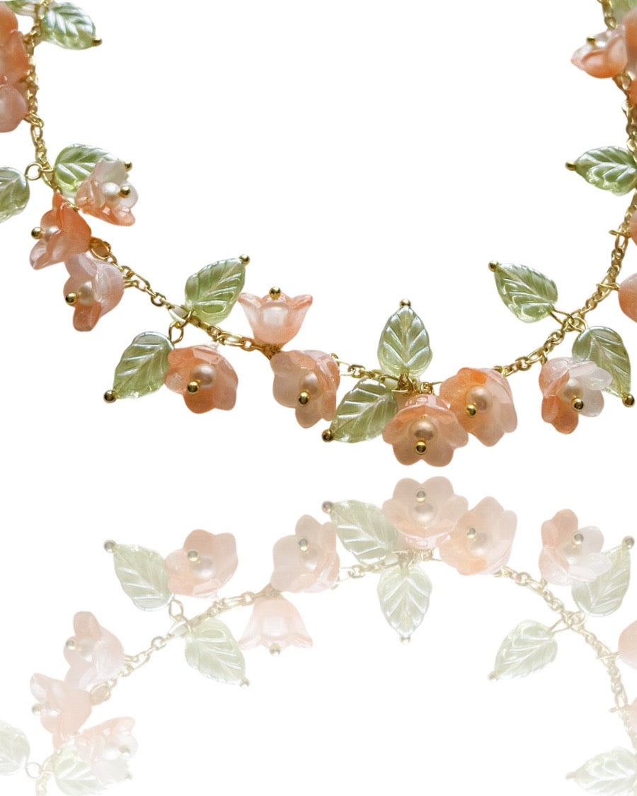 Spring Canterbury bell flowers bouquet necklace in peach