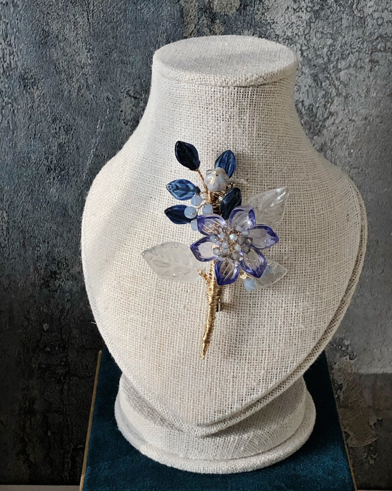“Thank You” winter lotus mini bouquet floral brooch in blue and gold