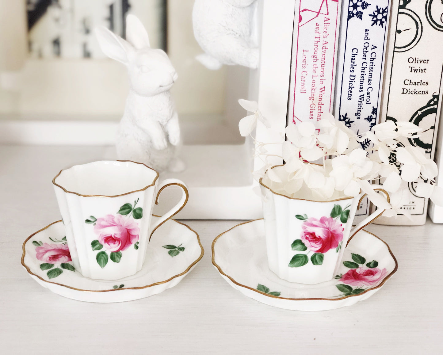 Vintage mid-century Wedgwood pink rose demitasse and saucer set