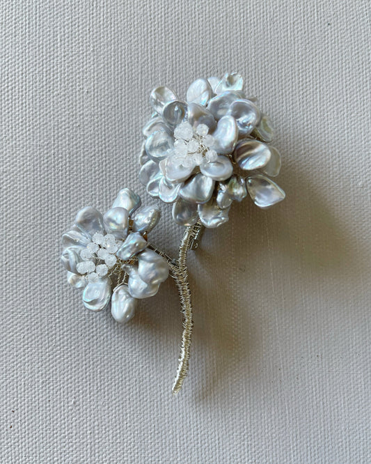 Silver Christmas peony freshwater pearls and Czech glass brooch