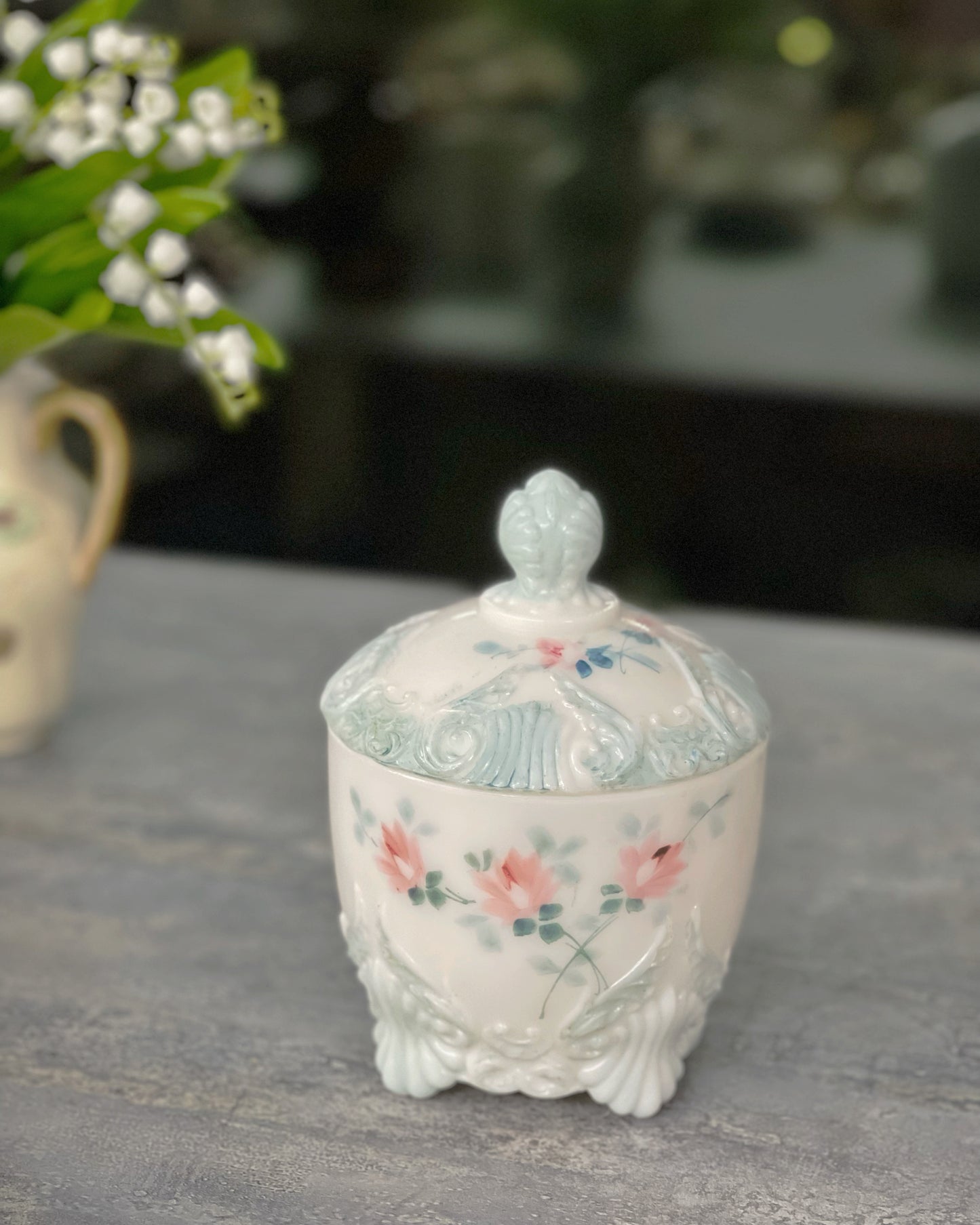 Antique Victorian milk glass hand painted sugar candy bowl