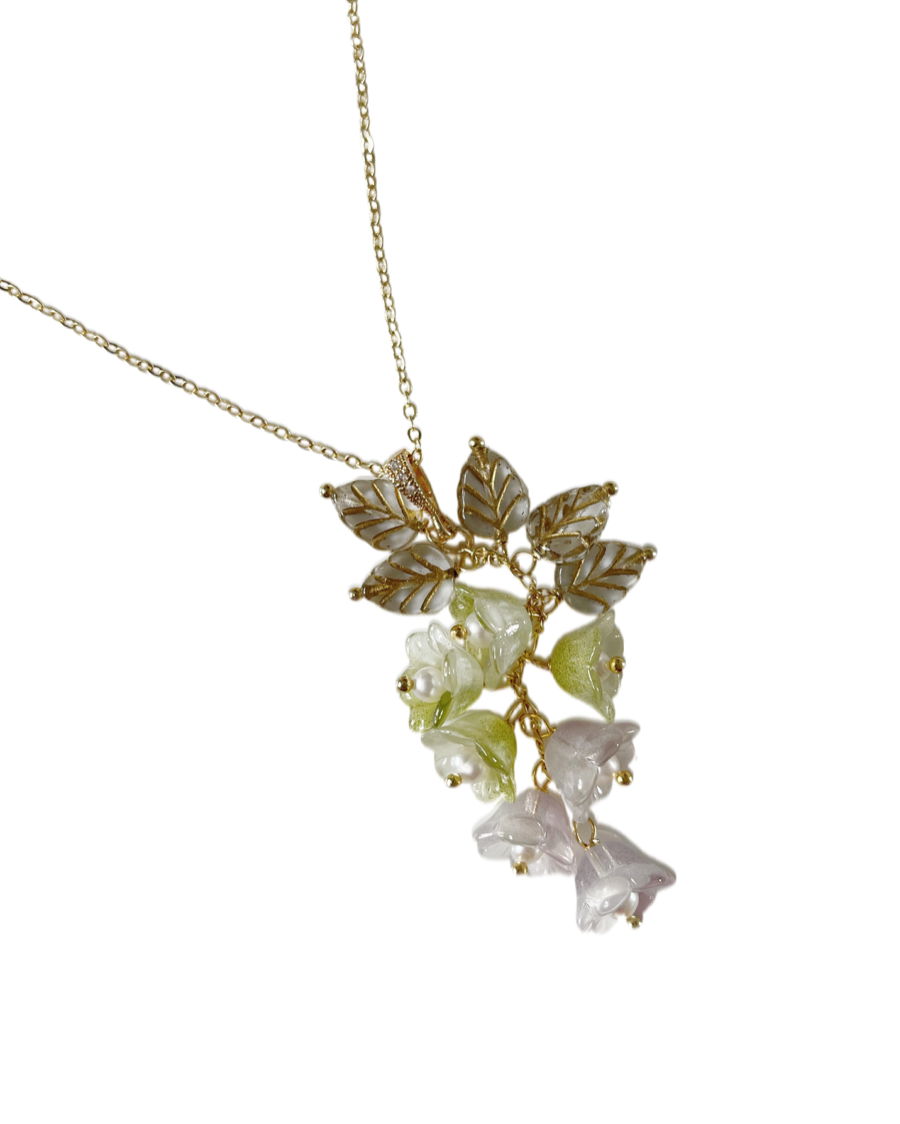 Canterbury bell flowers necklace in purple and green
