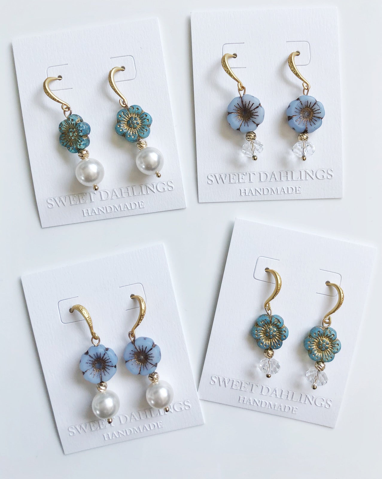 Golden blue Victorian flowers and Swarovski crystal pearls earrings