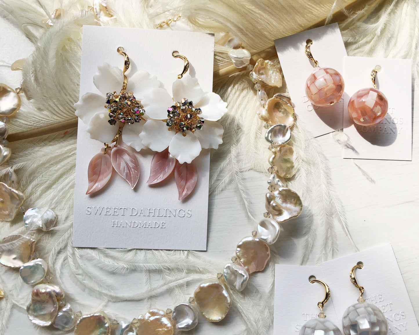 White seashell floral earrings with Swarovski crystals