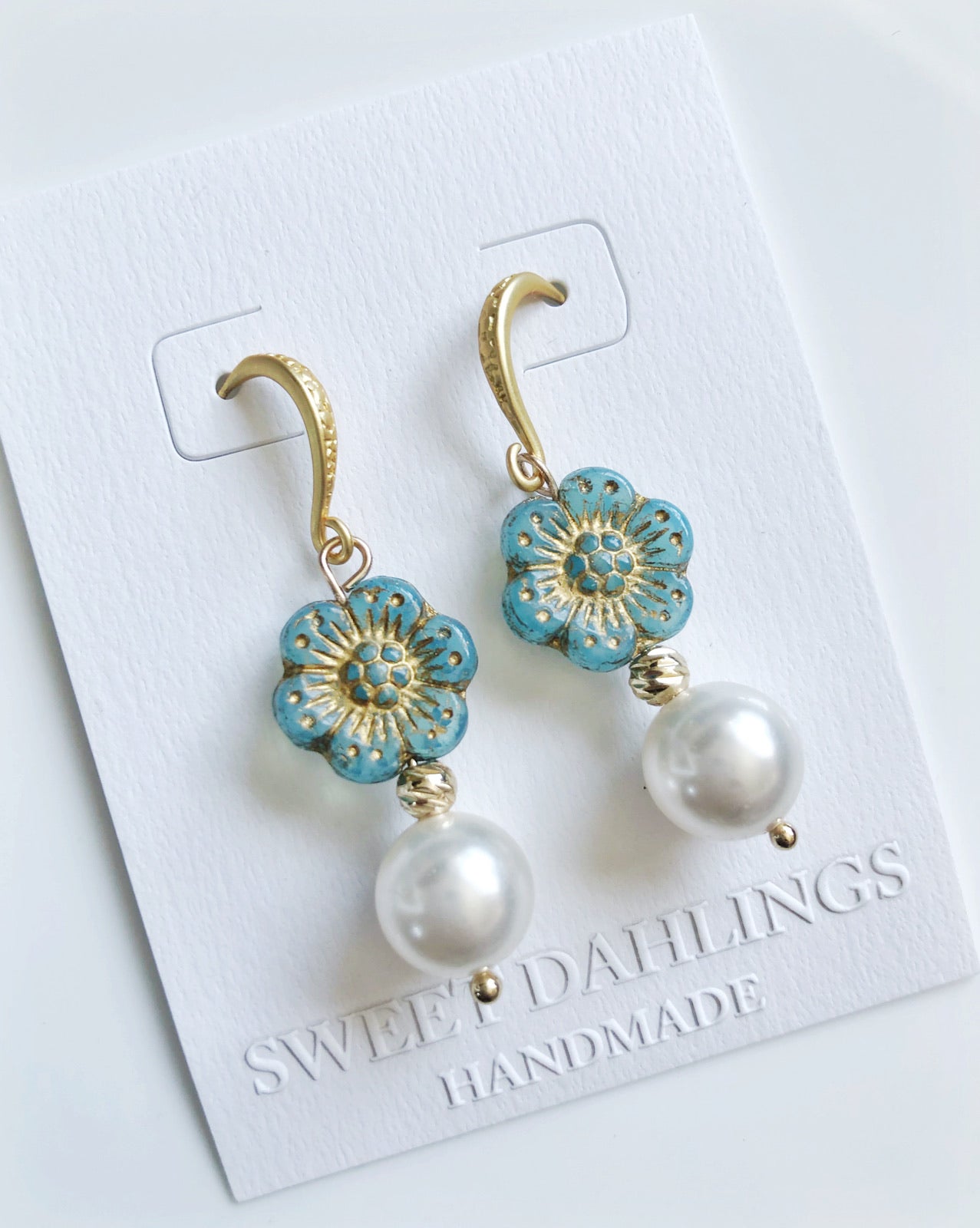 Golden blue Victorian flowers and Swarovski crystal pearls earrings