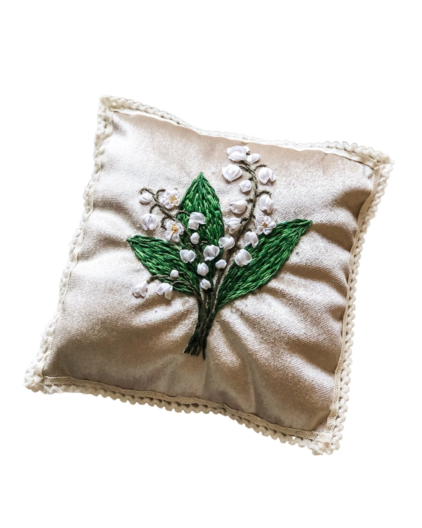 Lily of the valley hand embroidered ring pillow