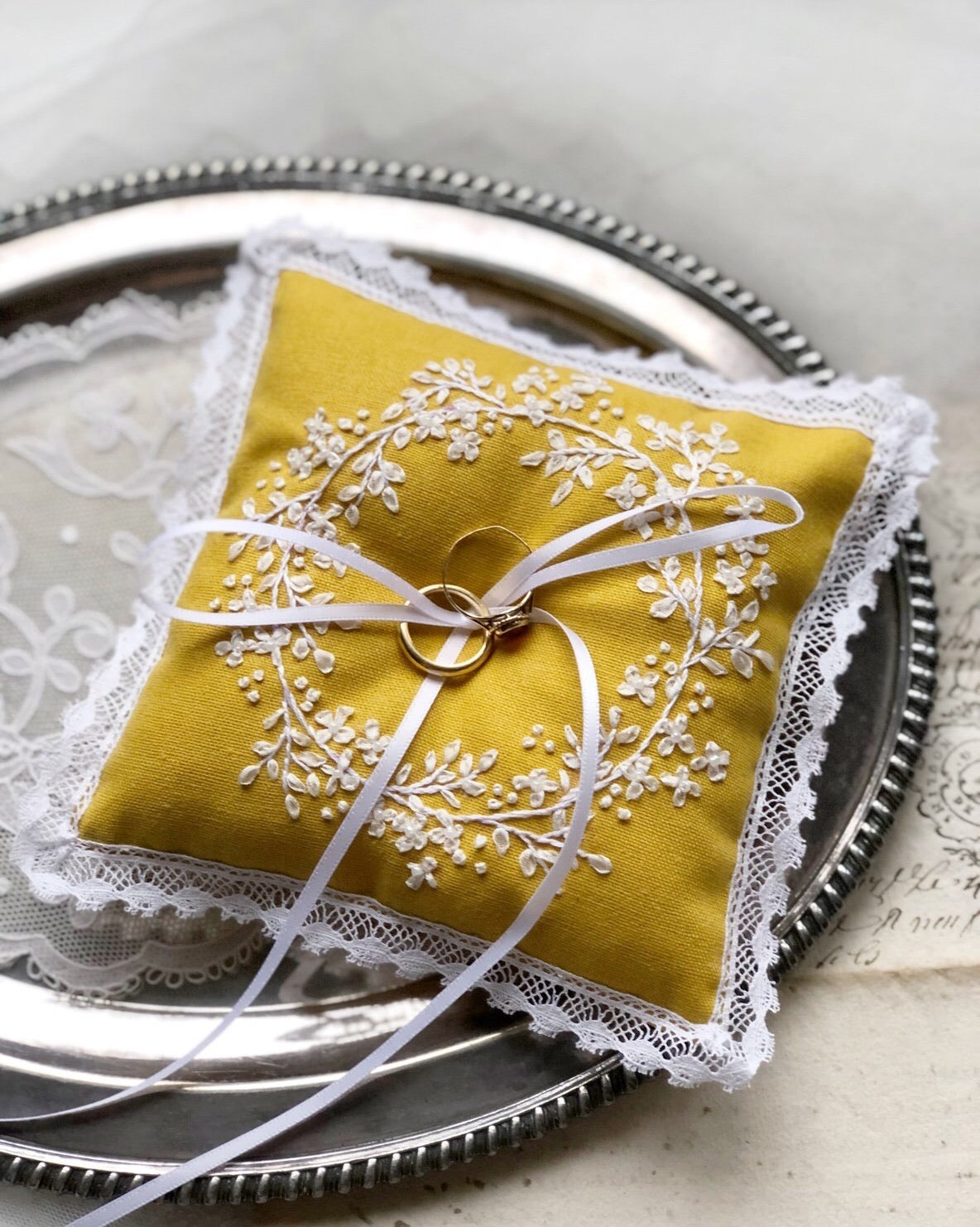 Edwardian inspired embroidered ring pillow in marigold