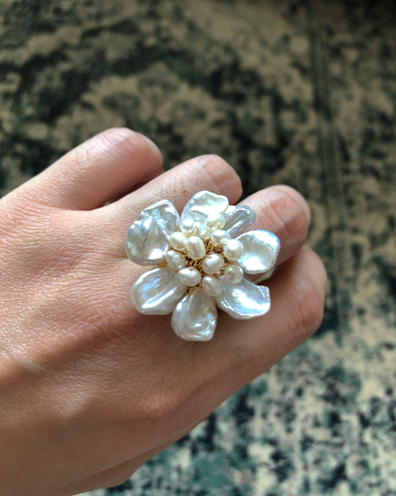 Freshwater baroque pearls floral ring