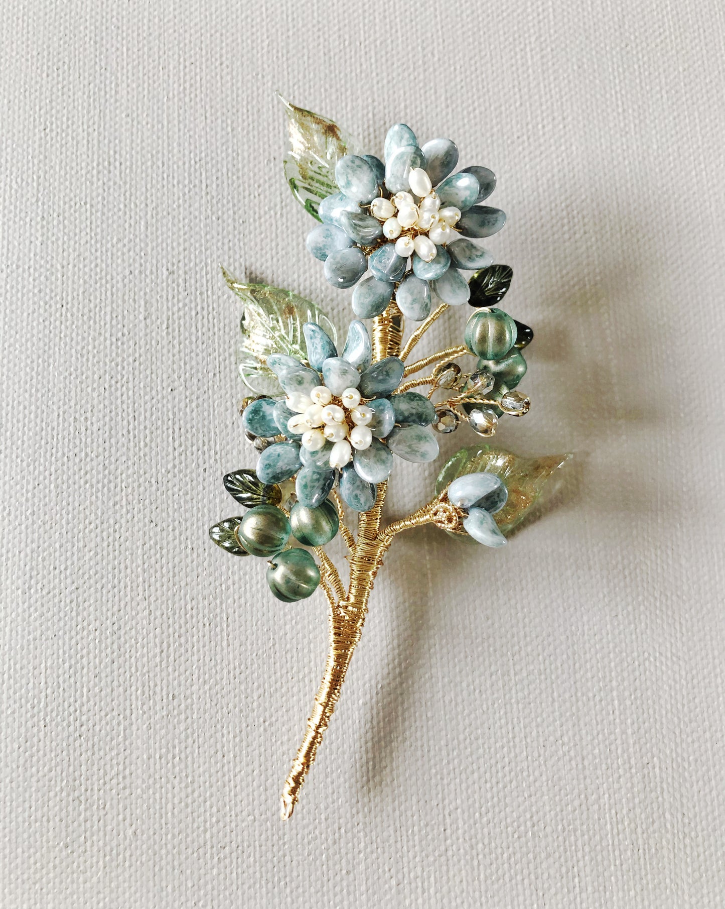 《January Palette III》Victoria’s chrysanthemum floral bouquet brooch in antique blue