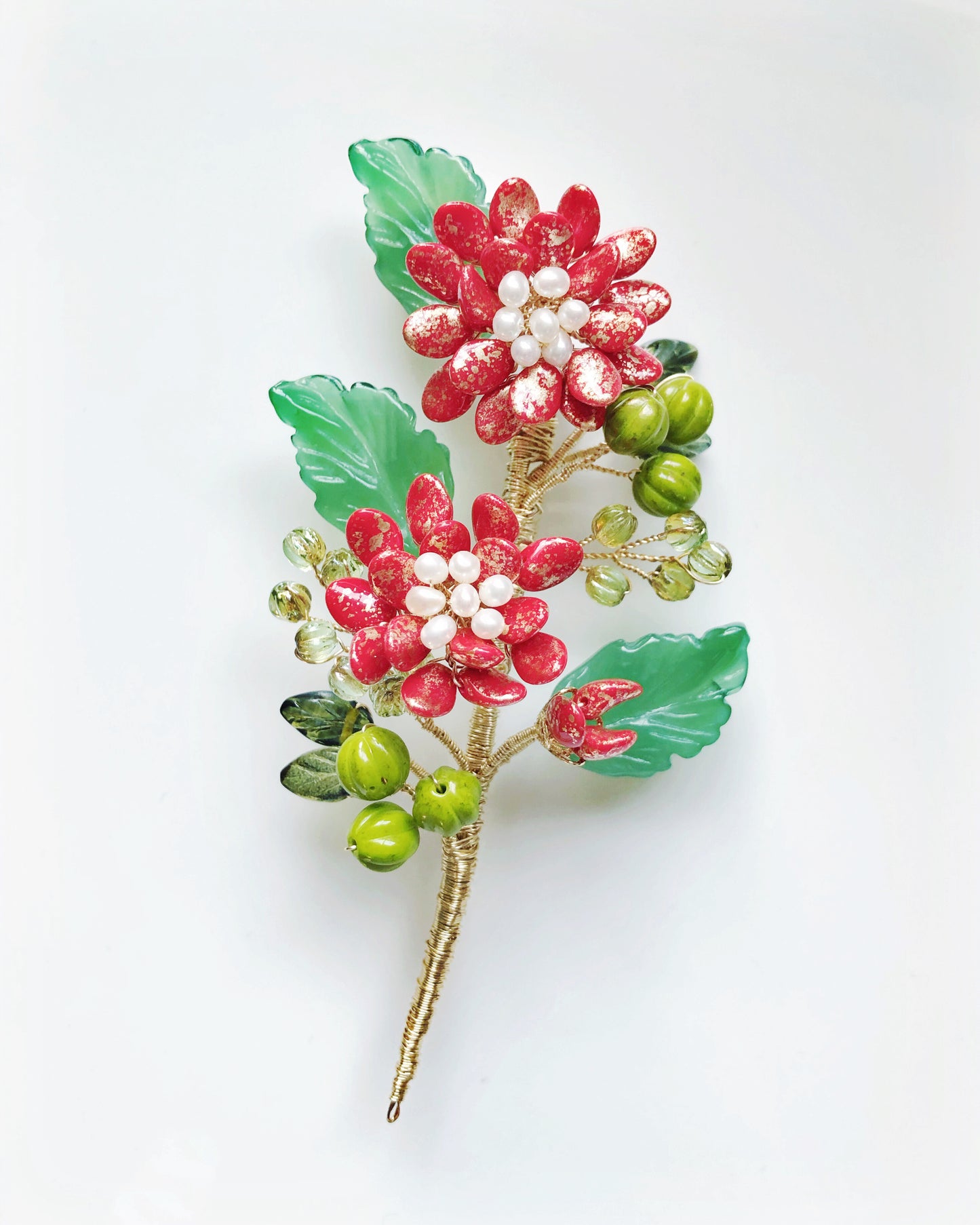 《February Palette I》Victoria’s chrysanthemum floral bouquet brooch in Chinese red