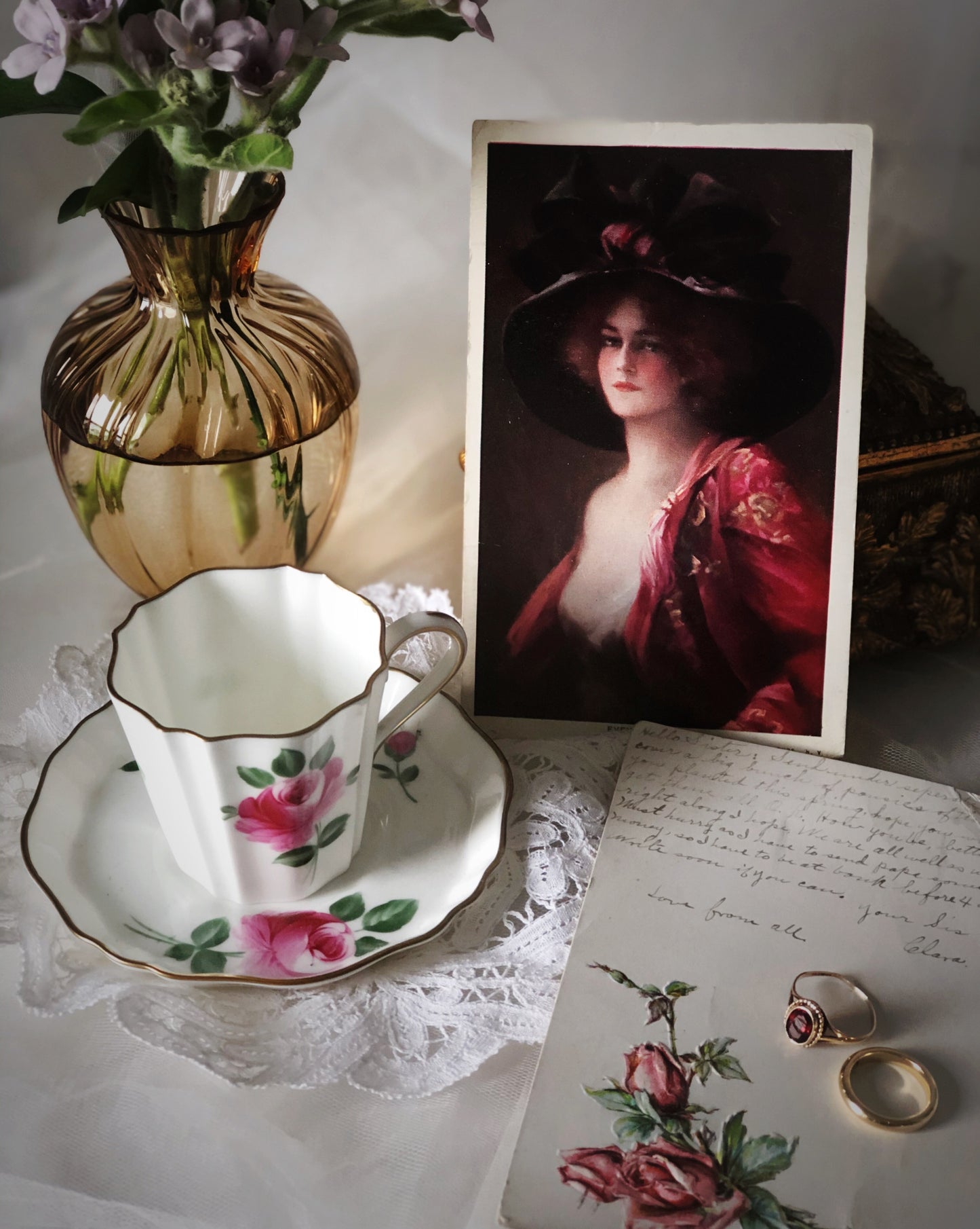 Vintage mid-century Wedgwood pink rose demitasse and saucer set