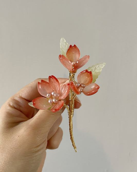 Someiyoshino sakura half opening bouquet brooch in blushing red