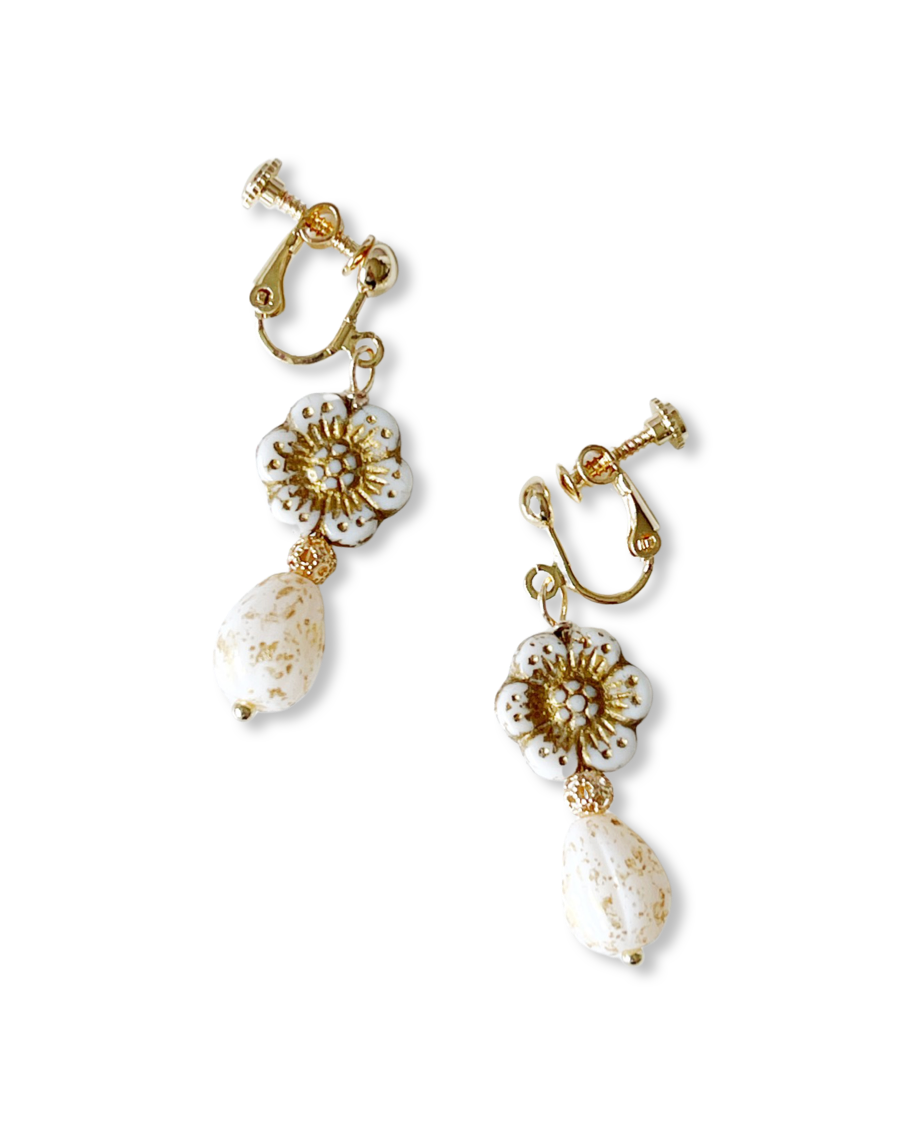 My first wedding heirloom Victorian flowers and tear drop glass earrings in antique white