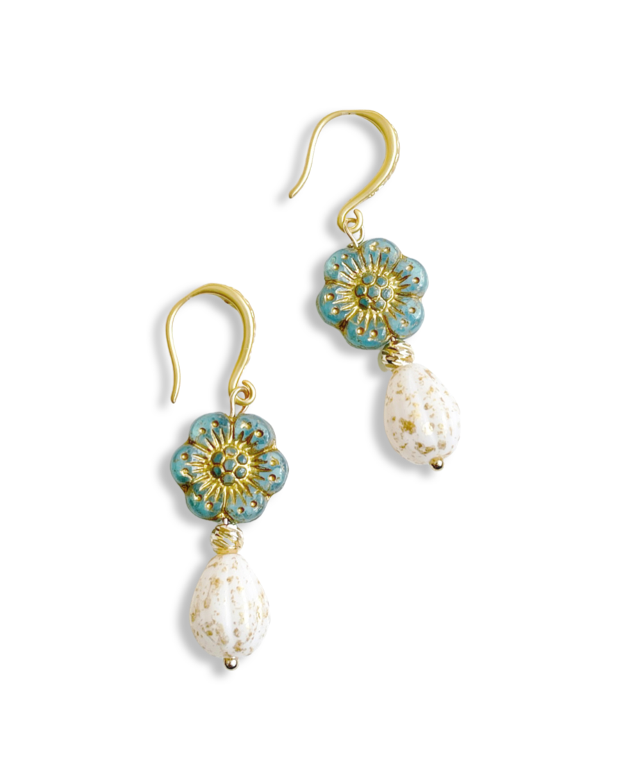 Golden blue Victorian flowers and tear drop glass earrings