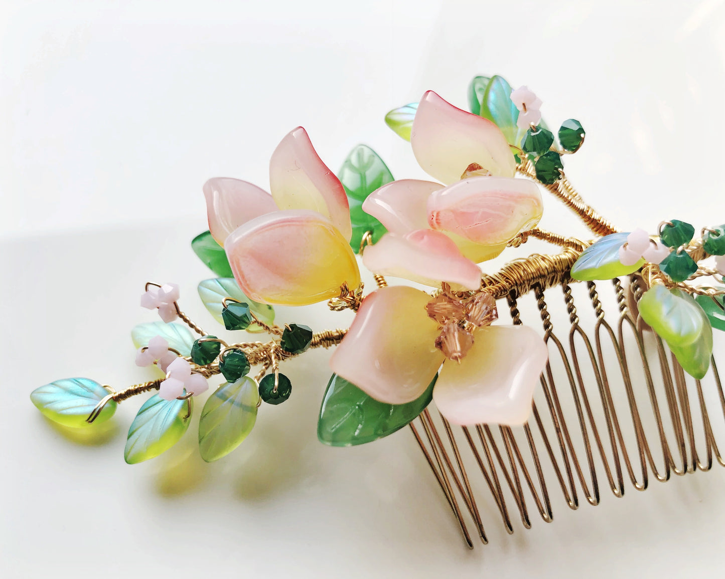 Pink lily Swarovski crystals and glass wedding hair slide