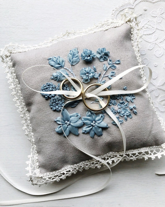 Edwardian embroidered floral ring pillow in oatmeal