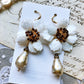 White seashell floral earrings with hand painted glass beads - limited quantities available