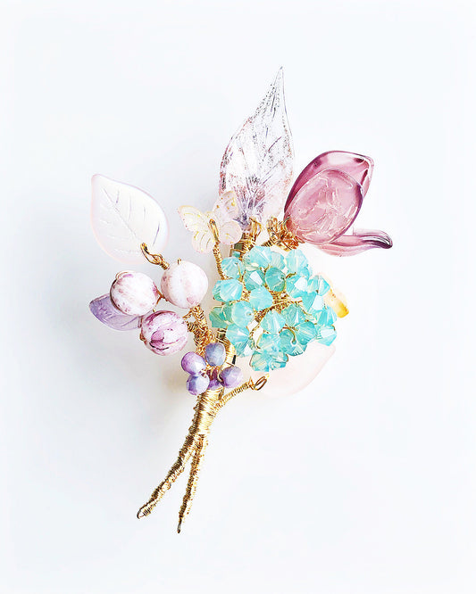 Autumn garden hydrangea and lily floral bouquet brooch