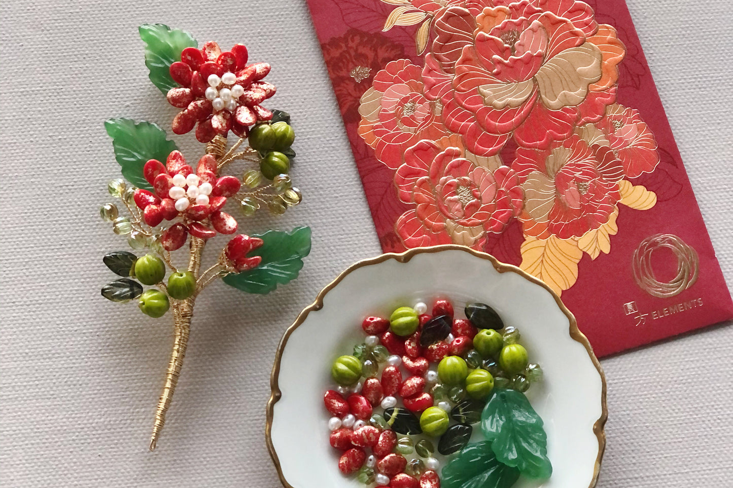 《February Palette I》Victoria’s chrysanthemum floral bouquet brooch in Chinese red