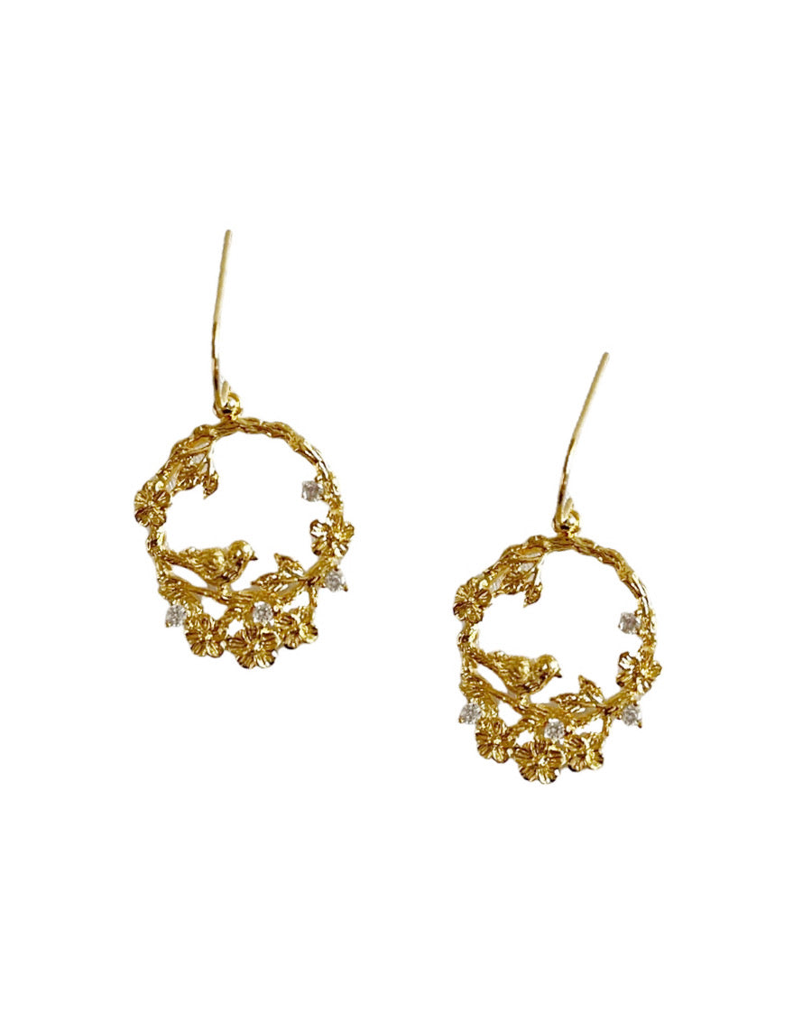 24K gold plated Spring song birds earrings