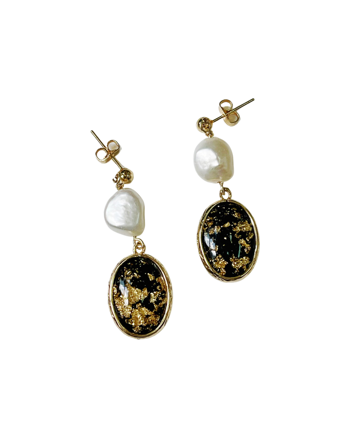 Old Hollywood glamour freshwater pearl and gold foil resin beads earrings