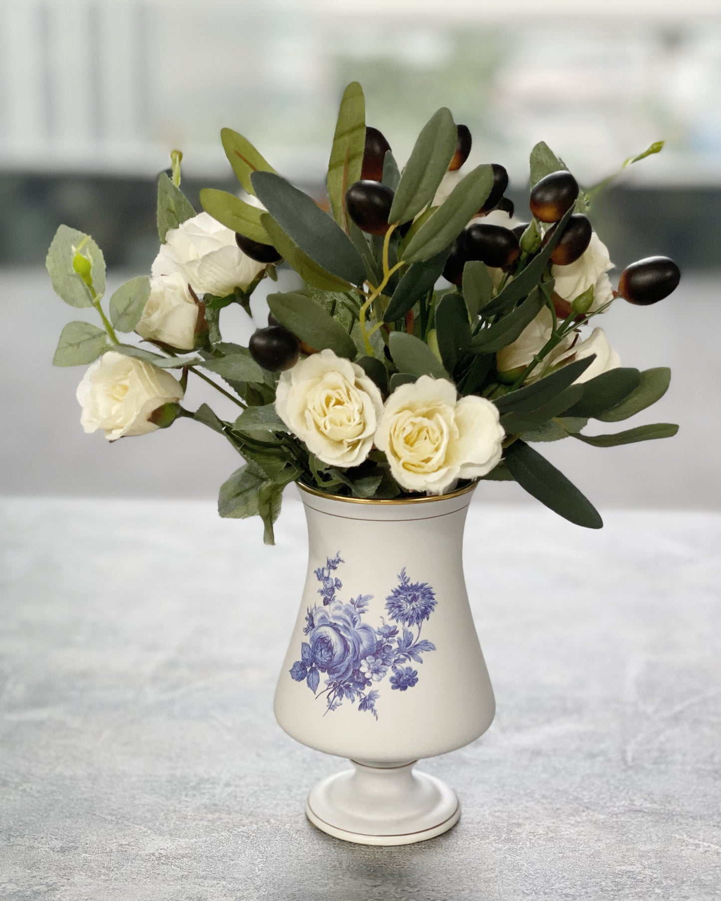 Vintage mid-century hand painted blue rose small vase