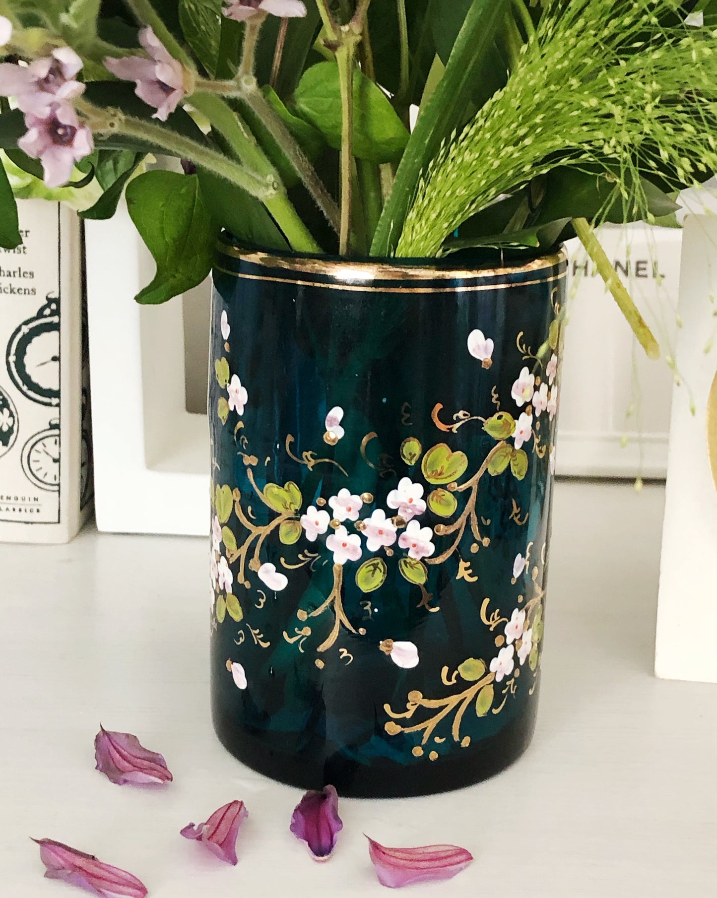 Victorian hand painted floral glass mug