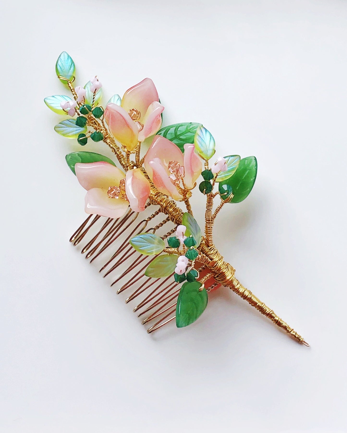 Pink lily Swarovski crystals and glass wedding hair slide